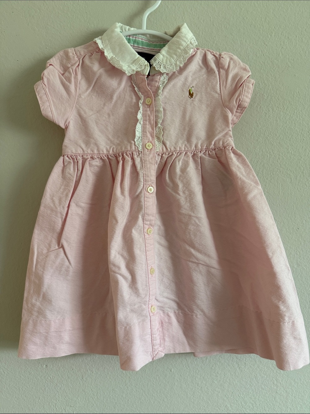 Ralph Lauren Pink Button-Front Lace-Trim Shirt Dress